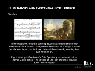 The Arts
14. MI THEORY AND EXISTENTIAL INTELLIGENCE
In the classroom, teachers can help students appreciate these finer
dimensions of the arts and also provide the resources and opportunities
for students to express their own existential concerns by creating their
own works of art.
E.g: Listening to Beethoven’s Fifth Symphony or looking at painter
Thomas Cole’s series “The Voyage of Life” can engender thoughts
about human destiny.
 