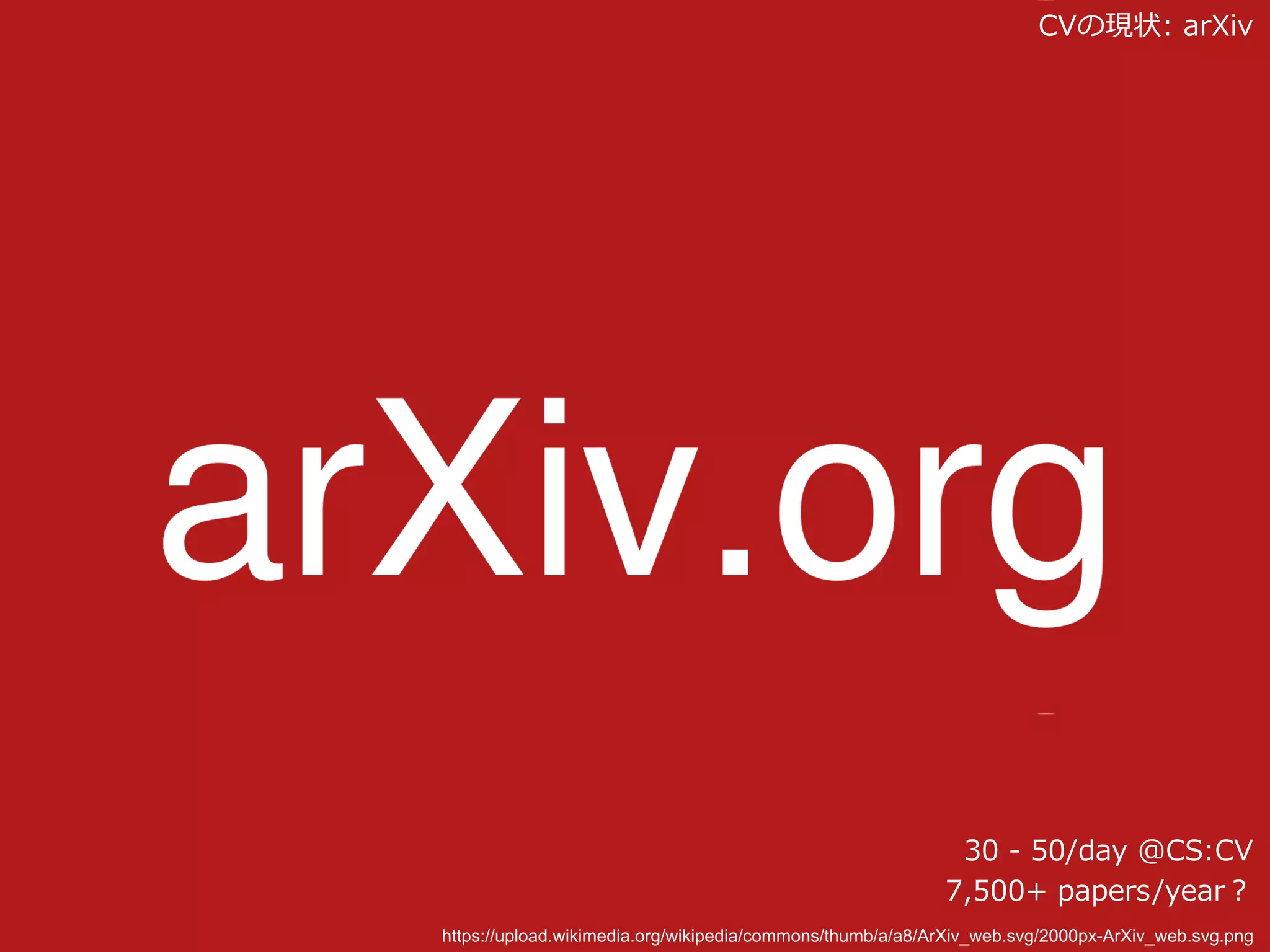 CVの現状: arXiv
30 - 50/day @CS:CV
7,500+ papers/year？
https://upload.wikimedia.org/wikipedia/commons/thumb/a/a8/ArXiv_web.svg/2000px-ArXiv_web.svg.png
 