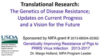 Sponsored by NIFA grant # 2013-68004-20362
Genetically Improving Resistance of Pigs to
PRRS Virus Infection 2013-2017
Dr. Margo Holland, NIFA Program Leader
Translational Research:
The Genetics of Disease Resistance;
Updates on Current Progress
and a Vision for the Future
 
