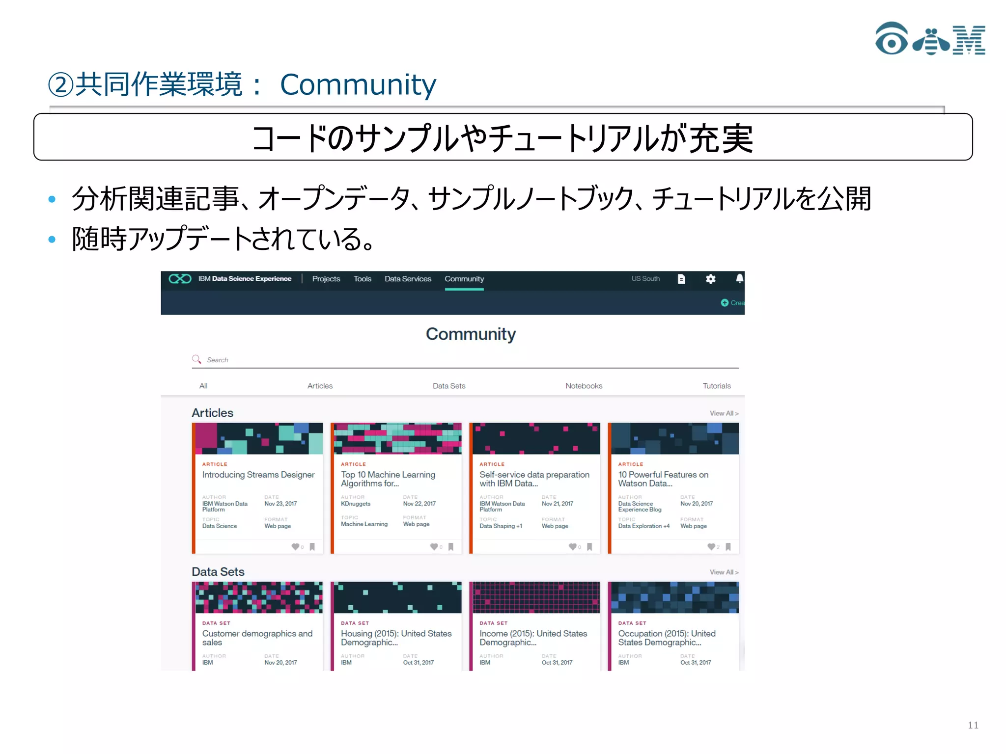 ②共同作業環境： Community
11
• 分析関連記事、オープンデータ、サンプルノートブック、チュートリアルを公開
• 随時アップデートされている。
コードのサンプルやチュートリアルが充実
 