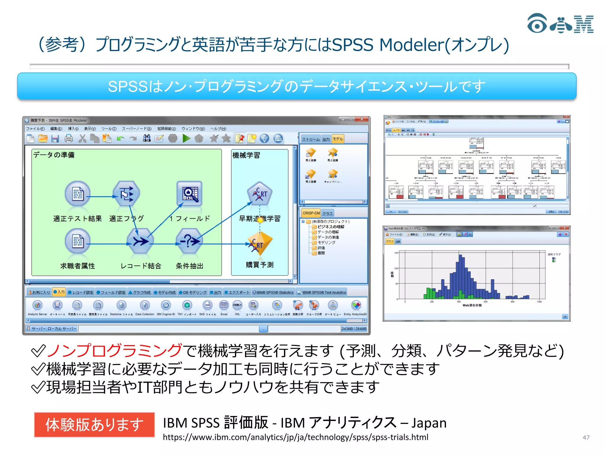 （参考）プログラミングと英語が苦手な方にはSPSS Modeler(オンプレ)
47
✅ノンプログラミングで機械学習を行えます (予測、分類、パターン発見など)
✅機械学習に必要なデータ加工も同時に行うことができます
✅現場担当者やIT部門ともノウハウを共有できます
SPSSはノン･プログラミングのデータサイエンス・ツールです
IBM SPSS 評価版 - IBM アナリティクス – Japan
https://www.ibm.com/analytics/jp/ja/technology/spss/spss-trials.html
体験版あります
 