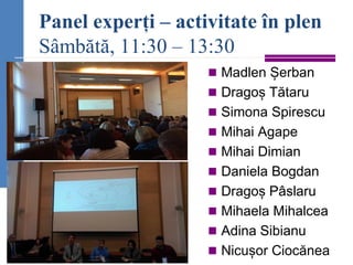Panel experți – activitate în plen
Sâmbătă, 11:30 – 13:30
◼ Madlen Șerban
◼ Dragoș Tătaru
◼ Simona Spirescu
◼ Mihai Agape
◼ Mihai Dimian
◼ Daniela Bogdan
◼ Dragoș Pâslaru
◼ Mihaela Mihalcea
◼ Adina Sibianu
◼ Nicușor Ciocănea
 