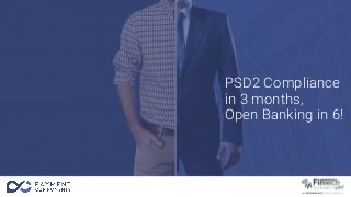 PSD2 Compliance
in 3 months,
Open Banking in 6!
 
