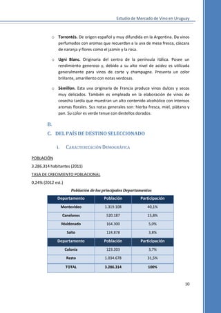 Estudio de Mercado de Vino en Uruguay

o Torrontés. De origen español y muy difundida en la Argentina. Da vinos
perfumados con aromas que recuerdan a la uva de mesa fresca, cáscara
de naranja y flores como el jazmín y la rosa.
o Ugni Blanc. Originaria del centro de la península itálica. Posee un
rendimiento generoso y, debido a su alto nivel de acidez es utilizada
generalmente para vinos de corte y champagne. Presenta un color
brillante, amarillento con notas verdosas.
o Sémillon. Esta uva originaria de Francia produce vinos dulces y secos
muy delicados. También es empleada en la elaboración de vinos de
cosecha tardía que muestran un alto contenido alcohólico con intensos
aromas florales. Sus notas generales son: hierba fresca, miel, plátano y
pan. Su color es verde tenue con destellos dorados.

B.
C. DEL PAÍS DE DESTINO SELECCIONADO
i.

CARACTERIZACIÓN DEMOGRÁFICA

POBLACIÓN
3.286.314 habitantes (2011)
TASA DE CRECIMIENTO POBLACIONAL
0,24% (2012 est.)
Población de los principales Departamentos

Departamento

Población

Participación

Montevideo

1.319.108

40,1%

Canelones

520.187

15,8%

Maldonado

164.300

5,0%

Salto

124.878

3,8%

Departamento

Población

Participación

Colonia

123.203

3,7%

Resto

1.034.678

31,5%

TOTAL

3.286.314

100%

10

 