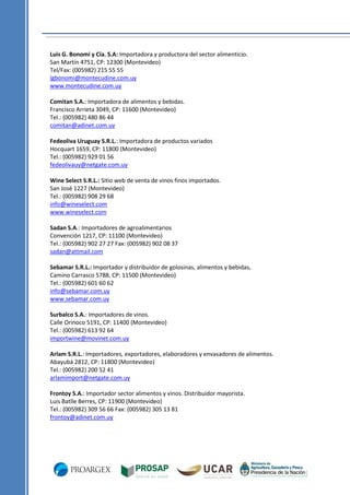 Luis G. Bonomi y Cía. S.A: Importadora y productora del sector alimenticio.
San Martín 4751, CP: 12300 (Montevideo)
Tel/Fax: (005982) 215 55 55
lgbonomi@montecudine.com.uy
www.montecudine.com.uy
Comitan S.A.: Importadora de alimentos y bebidas.
Francisco Arrieta 3049, CP: 11600 (Montevideo)
Tel.: (005982) 480 86 44
comitan@adinet.com.uy
Fedeoliva Uruguay S.R.L.: Importadora de productos variados
Hocquart 1659, CP: 11800 (Montevideo)
Tel.: (005982) 929 01 56
fedeolivauy@netgate.com.uy
Wine Select S.R.L.: Sitio web de venta de vinos finos importados.
San José 1227 (Montevideo)
Tel.: (005982) 908 29 68
info@wineselect.com
www.wineselect.com
Sadan S.A.: Importadores de agroalimentarios
Convención 1217, CP: 11100 (Montevideo)
Tel.: (005982) 902 27 27 Fax: (005982) 902 08 37
sadan@attmail.com
Sebamar S.R.L.: Importador y distribuidor de golosinas, alimentos y bebidas.
Camino Carrasco 5788, CP: 11500 (Montevideo)
Tel.: (005982) 601 60 62
info@sebamar.com.uy
www.sebamar.com.uy
Surbalco S.A.: Importadores de vinos.
Calle Orinoco 5191, CP: 11400 (Montevideo)
Tel.: (005982) 613 92 64
importwine@movinet.com.uy
Arlam S.R.L.: Importadores, exportadores, elaboradores y envasadores de alimentos.
Abayubá 2812, CP: 11800 (Montevideo)
Tel.: (005982) 200 52 41
arlamimport@netgate.com.uy
Frontoy S.A.: Importador sector alimentos y vinos. Distribuidor mayorista.
Luis Batlle Berres, CP: 11900 (Montevideo)
Tel.: (005982) 309 56 66 Fax: (005982) 305 13 81
frontoy@adinet.com.uy

 