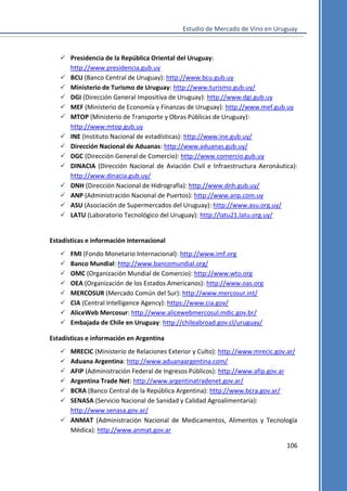 Estudio de Mercado de Vino en Uruguay

 Presidencia de la República Oriental del Uruguay:
http://www.presidencia.gub.uy
 BCU (Banco Central de Uruguay): http://www.bcu.gub.uy
 Ministerio de Turismo de Uruguay: http://www.turismo.gub.uy/
 DGI (Dirección General Impositiva de Uruguay): http://www.dgi.gub.uy
 MEF (Ministerio de Economía y Finanzas de Uruguay): http://www.mef.gub.uy
 MTOP (Ministerio de Transporte y Obras Públicas de Uruguay):
http://www.mtop.gub.uy
 INE (Instituto Nacional de estadísticas): http://www.ine.gub.uy/
 Dirección Nacional de Aduanas: http://www.aduanas.gub.uy/
 DGC (Dirección General de Comercio): http://www.comercio.gub.uy
 DINACIA (Dirección Nacional de Aviación Civil e Infraestructura Aeronáutica):
http://www.dinacia.gub.uy/
 DNH (Dirección Nacional de Hidrografía): http://www.dnh.gub.uy/
 ANP (Administración Nacional de Puertos): http://www.anp.com.uy
 ASU (Asociación de Supermercados del Uruguay): http://www.asu.org.uy/
 LATU (Laboratorio Tecnológico del Uruguay): http://latu21.latu.org.uy/

Estadísticas e información Internacional









FMI (Fondo Monetario Internacional): http://www.imf.org
Banco Mundial: http://www.bancomundial.org/
OMC (Organización Mundial de Comercio): http://www.wto.org
OEA (Organización de los Estados Americanos): http://www.oas.org
MERCOSUR (Mercado Común del Sur): http://www.mercosur.int/
CIA (Central Intelligence Agency): https://www.cia.gov/
AliceWeb Mercosur: http://www.alicewebmercosul.mdic.gov.br/
Embajada de Chile en Uruguay: http://chileabroad.gov.cl/uruguay/

Estadísticas e información en Argentina







MRECIC (Ministerio de Relaciones Exterior y Culto): http://www.mrecic.gov.ar/
Aduana Argentina: http://www.aduanaargentina.com/
AFIP (Administración Federal de Ingresos Públicos): http://www.afip.gov.ar
Argentina Trade Net: http://www.argentinatradenet.gov.ar/
BCRA (Banco Central de la República Argentina): http://www.bcra.gov.ar/
SENASA (Servicio Nacional de Sanidad y Calidad Agroalimentaria):
http://www.senasa.gov.ar/
 ANMAT (Administración Nacional de Medicamentos, Alimentos y Tecnología
Médica): http://www.anmat.gov.ar
106

 