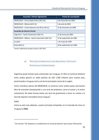 Estudio de Mercado de Vino en Uruguay

Acuerdo / Partes Signatarias

Fecha de suscripción

MERCOSUR – Comunidad Andina (ACE 56)

6 de diciembre de 2002

MERCOSUR – México (ACE 54)

5 de julio de 2002

MERCOSUR – Unión Aduanera de África del Sur

15 de diciembre de 2000

Acuerdos de Alcance Parcial
Argentina – Sector Automotor (ACE 57)

31 de marzo de 2003

MERCOSUR – México - Sector Automotor (ACE 55)

27 de septiembre de 2002

Ecuador

1 de mayo de 1994

Brasil (ACE 2)

30 de septiembre de 1986

Fuente: elaboración propia en base a SICE-OEA

vi.

TRATADOS COMERCIALES CON ARGENTINA Y ACTUALES
POTENCIALES COMPETIDORES

Argentina posee fuertes lazos comerciales con Uruguay. En 2011 el comercio bilateral
entre ambos generó un saldo positivo de US$ 1.390 millones para nuestro país,
posicionando a Uruguay como uno de los principales socios de la región.
Como miembros plenos del MERCOSUR, el comercio entre ambos países permanece
libre de aranceles (exceptuando a una serie de productos, como el azúcar y el sector
automotriz). De todas formas existe una serie de gravámenes a tener en cuenta a la
hora de exportar mercadería hacia Uruguay5.
CHILE
Como se verá más adelante, nuestro principal competidor en el mercado de vinos en
Uruguay es Chile.

5

Ver sección “3.B. Aspectos a cumplimentar en el país de destino” para mayor información.

20

 