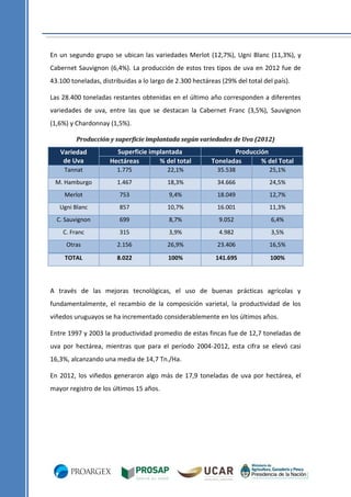 En un segundo grupo se ubican las variedades Merlot (12,7%), Ugni Blanc (11,3%), y
Cabernet Sauvignon (6,4%). La producción de estos tres tipos de uva en 2012 fue de
43.100 toneladas, distribuidas a lo largo de 2.300 hectáreas (29% del total del país).
Las 28.400 toneladas restantes obtenidas en el último año corresponden a diferentes
variedades de uva, entre las que se destacan la Cabernet Franc (3,5%), Sauvignon
(1,6%) y Chardonnay (1,5%).
Producción y superficie implantada según variedades de Uva (2012)

Variedad
de Uva

Superficie implantada
Hectáreas
% del total

Producción
Toneladas
% del Total

Tannat

1.775

22,1%

35.538

25,1%

M. Hamburgo

1.467

18,3%

34.666

24,5%

Merlot

753

9,4%

18.049

12,7%

Ugni Blanc

857

10,7%

16.001

11,3%

C. Sauvignon

699

8,7%

9.052

6,4%

C. Franc

315

3,9%

4.982

3,5%

Otras

2.156

26,9%

23.406

16,5%

TOTAL

8.022

100%

141.695

100%

A través de las mejoras tecnológicas, el uso de buenas prácticas agrícolas y
fundamentalmente, el recambio de la composición varietal, la productividad de los
viñedos uruguayos se ha incrementado considerablemente en los últimos años.
Entre 1997 y 2003 la productividad promedio de estas fincas fue de 12,7 toneladas de
uva por hectárea, mientras que para el período 2004-2012, esta cifra se elevó casi
16,3%, alcanzando una media de 14,7 Tn./Ha.
En 2012, los viñedos generaron algo más de 17,9 toneladas de uva por hectárea, el
mayor registro de los últimos 15 años.

 