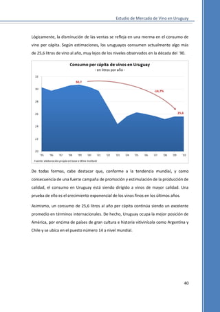 Estudio de Mercado de Vino en Uruguay

Lógicamente, la disminución de las ventas se refleja en una merma en el consumo de
vino per cápita. Según estimaciones, los uruguayos consumen actualmente algo más
de 25,6 litros de vino al año, muy lejos de los niveles observados en la década del ´90.

De todas formas, cabe destacar que, conforme a la tendencia mundial, y como
consecuencia de una fuerte campaña de promoción y estimulación de la producción de
calidad, el consumo en Uruguay está siendo dirigido a vinos de mayor calidad. Una
prueba de ello es el crecimiento exponencial de los vinos finos en los últimos años.
Asimismo, un consumo de 25,6 litros al año per cápita continúa siendo un excelente
promedio en términos internacionales. De hecho, Uruguay ocupa la mejor posición de
América, por encima de países de gran cultura e historia vitivinícola como Argentina y
Chile y se ubica en el puesto número 14 a nivel mundial.

40

 