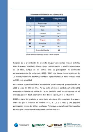 Consumo mundial de vino per cápita (2010)

#

País

Litros per Cápita

1°

Luxemburgo

52,5

2°

Francia

45,7

3°

Italia

42,2

4°

Portugal

41,8

5°

Suiza

38,2

14°

Uruguay

25,6

17°

Argentina

23,7

29°

Chile

18,8

Promedio Mundial

3,5

Fuente: Elaboración propia en base a Wine Institute

Respecto de la presentación del producto, Uruguay comercializa vinos de distintos
tipos de envases y calidades. El más común continúa siendo el botellón o damajuana
de 10 litros, aunque en los últimos años su participación ha disminuido
considerablemente. De hecho, entre 2005 y 2012, este tipo de envase perdió más de
20 puntos porcentuales de share, pasando de representar el 70% de las ventas a cerca
del 48% en la actualidad.
Esta caída en su participación fue “aprovechada” por el tetra-pack, que pasó del 8% en
2005 a cerca del 22% en 2012. Por su parte, el vino de calidad preferente (VCP)
envasado en botellas de vidrio de 750 cc, también elevó su participación en el
mercado, pasando de 3% a comienzos de la década a casi 8,5% en la actualidad.
El 20% restante del producto se comercializa a través de diferentes tipos de envases,
entre los que se destacan las botellas de 5, 3, 1,5 y 1 litros, y una pequeña
participación (menos del 1%) en botellas de 750 cc que no cumplen con los requisitos
técnicos y de calidad establecidos para ser considerados VCP.

 