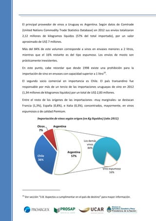 El principal proveedor de vinos a Uruguay es Argentina. Según datos de Comtrade
(United Nations Commodity Trade Statistics Database) en 2012 sus envíos totalizaron
2,12 millones de kilogramos líquidos (57% del total importado), por un valor
aproximado de US$ 7 millones.
Más del 84% de este volumen corresponde a vinos en envases menores a 2 litros,
mientras que el 16% restante es del tipo espumoso. Los envíos de mosto son
prácticamente inexistentes.
En este punto, cabe recordar que desde 1998 existe una prohibición para la
importación de vino en envases con capacidad superior a 1 litro10.
El segundo socio comercial en importancia es Chile. El país transandino fue
responsable por más de un tercio de las importaciones uruguayas de vino en 2012
(1,34 millones de kilogramos líquidos) por un total de US$ 2,83 millones.
Entre el resto de los orígenes de las importaciones -muy marginales- se destacan
Francia (1,3%), España (0,8%), e Italia (0,3%), concentrados, mayormente, en vinos
espumosos o de calidad Premium.
Importación de vinos según origen (en Kg líquidos) (año 2012)

Otros
7%

Argentina

Los demás
vinos
84%

Chile
36%

Argentina
57%

Vino espumoso
16%

10

Ver sección “3.B. Aspectos a cumplimentar en el país de destino” para mayor información.

 