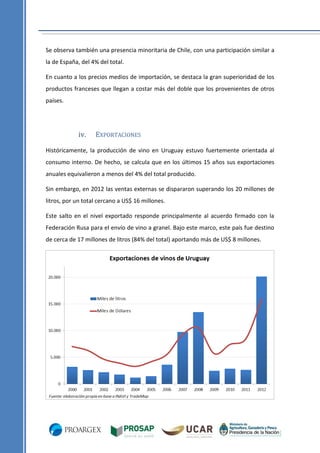 Se observa también una presencia minoritaria de Chile, con una participación similar a
la de España, del 4% del total.
En cuanto a los precios medios de importación, se destaca la gran superioridad de los
productos franceses que llegan a costar más del doble que los provenientes de otros
países.

iv.

EXPORTACIONES

Históricamente, la producción de vino en Uruguay estuvo fuertemente orientada al
consumo interno. De hecho, se calcula que en los últimos 15 años sus exportaciones
anuales equivalieron a menos del 4% del total producido.
Sin embargo, en 2012 las ventas externas se dispararon superando los 20 millones de
litros, por un total cercano a US$ 16 millones.
Este salto en el nivel exportado responde principalmente al acuerdo firmado con la
Federación Rusa para el envío de vino a granel. Bajo este marco, este país fue destino
de cerca de 17 millones de litros (84% del total) aportando más de US$ 8 millones.

 