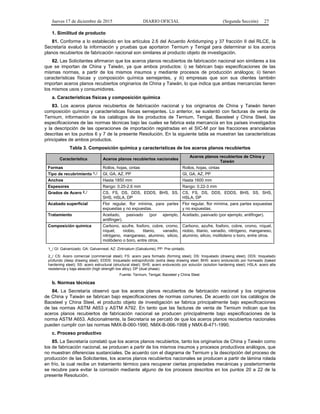 Jueves 17 de diciembre de 2015 DIARIO OFICIAL (Segunda Sección) 27
1. Similitud de producto
81. Conforme a lo establecido en los artículos 2.6 del Acuerdo Antidumping y 37 fracción II del RLCE, la
Secretaría evaluó la información y pruebas que aportaron Ternium y Tenigal para determinar si los aceros
planos recubiertos de fabricación nacional son similares al producto objeto de investigación.
82. Las Solicitantes afirmaron que los aceros planos recubiertos de fabricación nacional son similares a los
que se importan de China y Taiwán, ya que ambos productos: i) se fabrican bajo especificaciones de las
mismas normas, a partir de los mismos insumos y mediante procesos de producción análogos; ii) tienen
características físicas y composición química semejantes, y iii) empresas que son sus clientes también
importan aceros planos recubiertos originarios de China y Taiwán, lo que indica que ambas mercancías tienen
los mismos usos y consumidores.
a. Características físicas y composición química
83. Los aceros planos recubiertos de fabricación nacional y los originarios de China y Taiwán tienen
composición química y características físicas semejantes. Lo anterior, se sustentó con facturas de venta de
Ternium, información de los catálogos de los productos de Ternium, Tenigal, Baosteel y China Steel, las
especificaciones de las normas técnicas bajo las cuales se fabrica esta mercancía en los países investigados
y la descripción de las operaciones de importación registradas en el SIC-M por las fracciones arancelarias
descritas en los puntos 6 y 7 de la presente Resolución. En la siguiente tabla se muestran las características
principales de ambos productos.
Tabla 3. Composición química y características de los aceros planos recubiertos
Característica Aceros planos recubiertos nacionales
Aceros planos recubiertos de China y
Taiwán
Formas Rollos, hojas, cintas Rollos, hojas, cintas
Tipo de recubrimiento 1_/ GI, GA, AZ, PP GI, GA, AZ, PP
Anchos Hasta 1850 mm Hasta 1600 mm
Espesores Rango: 0.25-2.6 mm Rango: 0.22-3 mm
Grados de Acero 2_/ CS, FS, DS, DDS, EDDS, BHS, SS,
SHS, HSLA, DP
CS, FS, DS, DDS, EDDS, BHS, SS, SHS,
HSLA, DP
Acabado superficial Flor regular, flor mínima, para partes
expuestas y no expuestas.
Flor regular, flor mínima, para partes expuestas
y no expuestas.
Tratamiento Aceitado, pasivado (por ejemplo,
antifinger).
Aceitado, pasivado (por ejemplo, antifinger).
Composición química Carbono, azufre, fosforo, cobre, cromo,
níquel, niobio, titanio, vanadio,
nitrógeno, manganeso, aluminio, silicio,
molibdeno o boro, entre otros.
Carbono, azufre, fosforo, cobre, cromo, níquel,
niobio, titanio, vanadio, nitrógeno, manganeso,
aluminio, silicio, molibdeno o boro, entre otros.
1_/ GI: Galvanizado; GA: Galvanneal; AZ: Zintroalum (Galvalume); PP: Pre–pintado.
2_/ CS: Acero comercial (commercial steel); FS: acero para formado (forming steel); DS: troquelado (drawing steel); DDS: troquelado
profundo (deep drawing steel); EDDS: troquelado extraprofundo (extra deep drawing steel; BHS: acero endurecido por horneado (baked
hardening steel); SS: acero estructural (structural steel); SHS: acero endurecido por solución (solution hardening steel); HSLA: acero alta
resistencia y baja aleación (high strength low alloy); DP (dual phase).
Fuente: Ternium, Tenigal, Baosteel y China Steel.
b. Normas técnicas
84. La Secretaría observó que los aceros planos recubiertos de fabricación nacional y los originarios
de China y Taiwán se fabrican bajo especificaciones de normas comunes. De acuerdo con los catálogos de
Baosteel y China Steel, el producto objeto de investigación se fabrica principalmente bajo especificaciones
de las normas ASTM A653 y ASTM A792. En tanto que las facturas de venta de Ternium indican que los
aceros planos recubiertos de fabricación nacional se producen principalmente bajo especificaciones de la
norma ASTM A653. Adicionalmente, la Secretaría se percató de que los aceros planos recubiertos nacionales
pueden cumplir con las normas NMX-B-060-1990, NMX-B-066-1998 y NMX-B-471-1990.
c. Proceso productivo
85. La Secretaría constató que los aceros planos recubiertos, tanto los originarios de China y Taiwán como
los de fabricación nacional, se producen a partir de los mismos insumos y procesos productivos análogos, que
no muestran diferencias sustanciales. De acuerdo con el diagrama de Ternium y la descripción del proceso de
producción de las Solicitantes, los aceros planos recubiertos nacionales se producen a partir de lámina rolada
en frío, la cual recibe un tratamiento térmico para recuperar ciertas propiedades mecánicas y posteriormente
se recubre para evitar la corrosión mediante alguno de los procesos descritos en los puntos 20 a 22 de la
presente Resolución.
 