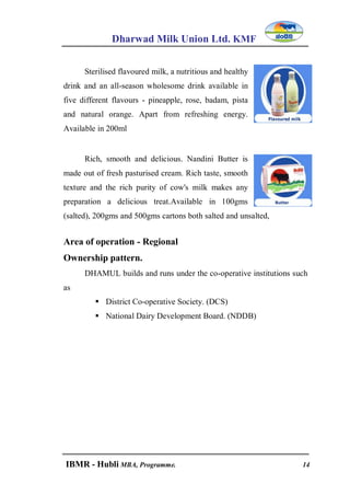 Dharwad Milk Union Ltd. KMF
IBMR - Hubli MBA, Programme. 14
Sterilised flavoured milk, a nutritious and healthy
drink and an all-season wholesome drink available in
five different flavours - pineapple, rose, badam, pista
and natural orange. Apart from refreshing energy.
Available in 200ml
Rich, smooth and delicious. Nandini Butter is
made out of fresh pasturised cream. Rich taste, smooth
texture and the rich purity of cow's milk makes any
preparation a delicious treat.Available in 100gms
(salted), 200gms and 500gms cartons both salted and unsalted,
Area of operation - Regional
Ownership pattern.
DHAMUL builds and runs under the co-operative institutions such
as
 District Co-operative Society. (DCS)
 National Dairy Development Board. (NDDB)
 