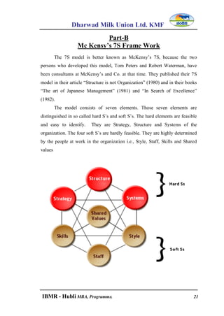 Dharwad Milk Union Ltd. KMF
IBMR - Hubli MBA, Programme. 21
Part-B
Mc Kensy’s 7S Frame Work
The 7S model is better known as McKensy‟s 7S, because the two
persons who developed this model, Tom Peters and Robert Waterman, have
been consultants at McKensy‟s and Co. at that time. They published their 7S
model in their article “Structure is not Organization” (1980) and in their books
“The art of Japanese Management” (1981) and “In Search of Excellence”
(1982).
The model consists of seven elements. Those seven elements are
distinguished in so called hard S‟s and soft S‟s. The hard elements are feasible
and easy to identify. They are Strategy, Structure and Systems of the
organization. The four soft S‟s are hardly feasible. They are highly determined
by the people at work in the organization i.e., Style, Staff, Skills and Shared
values
 