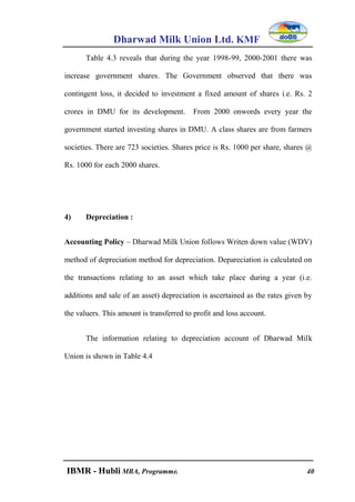 Dharwad Milk Union Ltd. KMF
IBMR - Hubli MBA, Programme. 40
Table 4.3 reveals that during the year 1998-99, 2000-2001 there was
increase government shares. The Government observed that there was
contingent loss, it decided to investment a fixed amount of shares i.e. Rs. 2
crores in DMU for its development. From 2000 onwords every year the
government started investing shares in DMU. A class shares are from farmers
societies. There are 723 societies. Shares price is Rs. 1000 per share, shares @
Rs. 1000 for each 2000 shares.
4) Depreciation :
Accounting Policy – Dharwad Milk Union follows Writen down value (WDV)
method of depreciation method for depreciation. Depareciation is calculated on
the transactions relating to an asset which take place during a year (i.e.
additions and sale of an asset) depreciation is ascertained as the rates given by
the valuers. This amount is transferred to profit and loss account.
The information relating to depreciation account of Dharwad Milk
Union is shown in Table 4.4
 