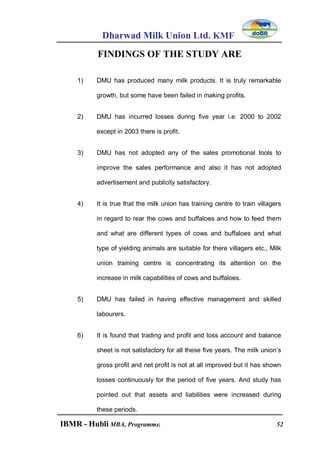 Dharwad Milk Union Ltd. KMF
IBMR - Hubli MBA, Programme. 52
FINDINGS OF THE STUDY ARE
1) DMU has produced many milk products. It is truly remarkable
growth, but some have been failed in making profits.
2) DMU has incurred losses during five year i.e. 2000 to 2002
except in 2003 there is profit.
3) DMU has not adopted any of the sales promotional tools to
improve the sales performance and also it has not adopted
advertisement and publicity satisfactory.
4) It is true that the milk union has training centre to train villagers
in regard to rear the cows and buffaloes and how to feed them
and what are different types of cows and buffaloes and what
type of yielding animals are suitable for there villagers etc., Milk
union training centre is concentrating its attention on the
increase in milk capabilities of cows and buffaloes.
5) DMU has failed in having effective management and skilled
labourers.
6) It is found that trading and profit and loss account and balance
sheet is not satisfactory for all these five years. The milk union’s
gross profit and net profit is not at all improved but it has shown
losses continuously for the period of five years. And study has
pointed out that assets and liabilities were increased during
these periods.
 