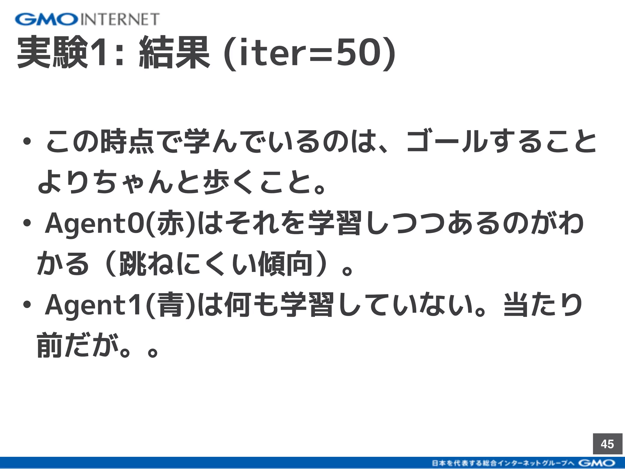 45
• この時点で学んでいるのは、ゴールすること
よりちゃんと歩くこと。
• Agent0(赤)はそれを学習しつつあるのがわ
かる（跳ねにくい傾向）。
• Agent1(青)は何も学習していない。当たり
前だが。。
実験1: 結果 (iter=50)
 