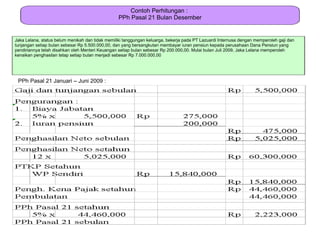 Contoh Perhitungan :
                                                  PPh Pasal 21 Bulan Desember


Jaka Lelana, status belum menikah dan tidak memiliki tanggungan keluarga, bekerja pada PT Lazuardi Internusa dengan memperoleh gaji dan
tunjangan setiap bulan sebesar Rp 5.500.000,00, dan yang bersangkutan membayar iuran pensiun kepada perusahaan Dana Pensiun yang
pendiriannya telah disahkan oleh Menteri Keuangan setiap bulan sebesar Rp 200.000,00. Mulai bulan Juli 2009, Jaka Lelana memperoleh
kenaikan penghasilan tetap setiap bulan menjadi sebesar Rp 7.000.000,00




 PPh Pasal 21 Januari – Juni 2009 :
 