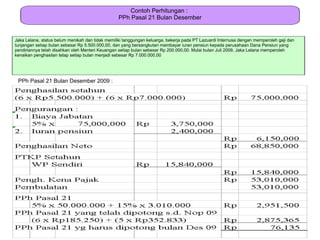 Contoh Perhitungan :
                                                  PPh Pasal 21 Bulan Desember


Jaka Lelana, status belum menikah dan tidak memiliki tanggungan keluarga, bekerja pada PT Lazuardi Internusa dengan memperoleh gaji dan
tunjangan setiap bulan sebesar Rp 5.500.000,00, dan yang bersangkutan membayar iuran pensiun kepada perusahaan Dana Pensiun yang
pendiriannya telah disahkan oleh Menteri Keuangan setiap bulan sebesar Rp 200.000,00. Mulai bulan Juli 2009, Jaka Lelana memperoleh
kenaikan penghasilan tetap setiap bulan menjadi sebesar Rp 7.000.000,00




 PPh Pasal 21 Bulan Desember 2009 :
 