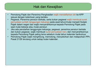 Hak dan Kewajiban

•   Pemotong Pajak dan Penerima Penghasilan wajib mendaftarkan diri ke KPP
    sesuai dengan ketentuan yang berlaku
•   Pegawai, Penerima pensiun berkala, serta bukan pegawai wajib membuat surat
    pernyataan jumlah tanggungan keluarga pada awal tahun/mulai menjadi Subjek
    Pajak dalam negeri dan wajib menyerahkannya kepada Pemotong Pajak pada
    saat mulai bekerja atau mulai pensiun
•   Jika ada perubahan tanggungan keluarga, pegawai, penerima pensiun berkala
    dan bukan pegawai, wajib membuat surat pernyataan baru dan menyerahkannya
    kepada Pemotong Pajak paling lama sebelum mulai tahun kalender berikutnya
•   Pemotong Pajak wajib menghitung, memotong, menyetorkan dan melaporkan PPh
    Pasal 21/26 terutang untuk setiap bulan kalender.
 