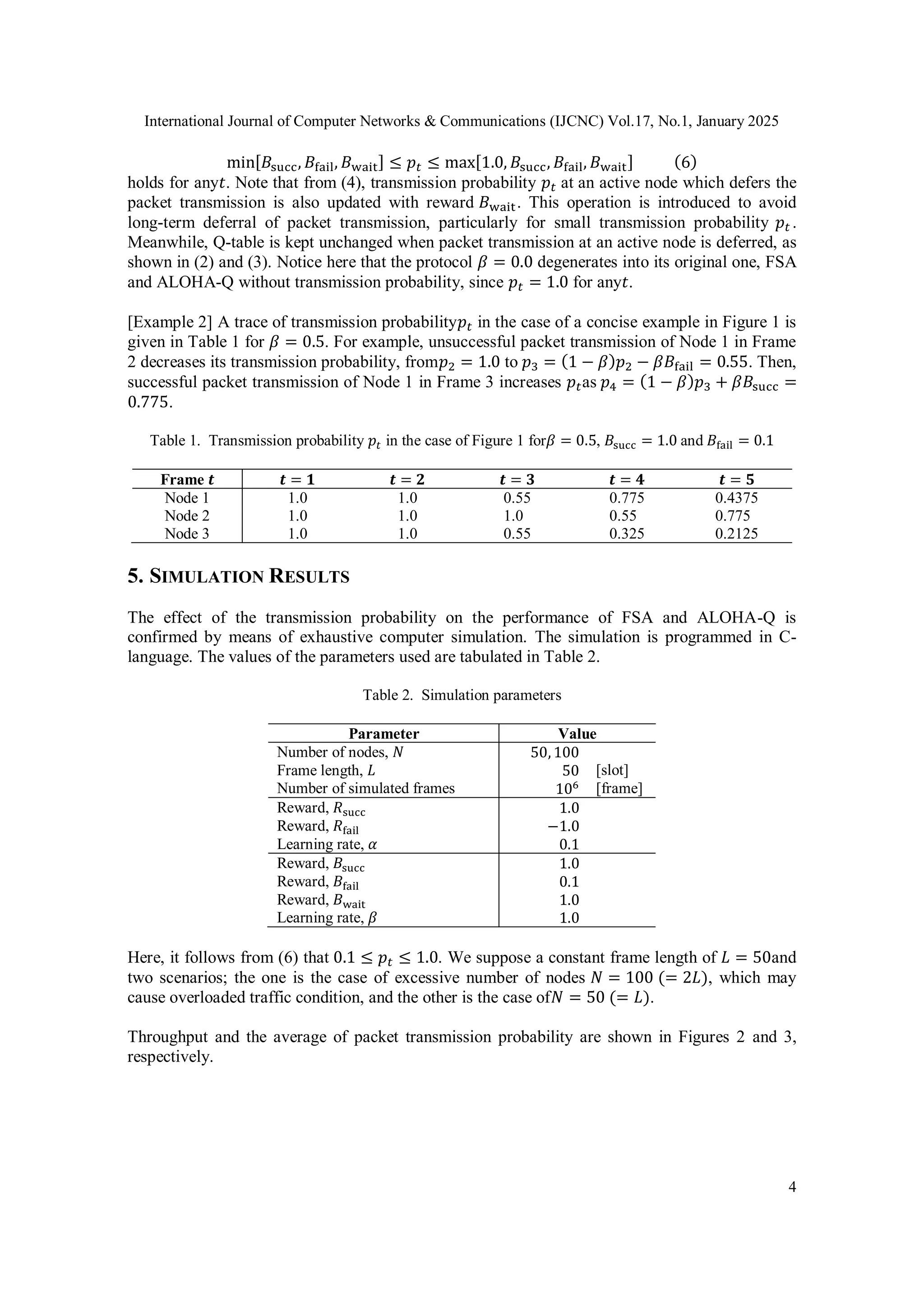 International Journal of Computer Networks & Communications (IJCNC) Vol.17, No.1, January 2025
4
min[𝐵succ, 𝐵fail, 𝐵wait] ≤ 𝑝𝑡 ≤ max[1.0, 𝐵succ, 𝐵fail, 𝐵wait] (6)
holds for any𝑡. Note that from (4), transmission probability 𝑝𝑡 at an active node which defers the
packet transmission is also updated with reward 𝐵wait. This operation is introduced to avoid
long-term deferral of packet transmission, particularly for small transmission probability 𝑝𝑡 .
Meanwhile, Q-table is kept unchanged when packet transmission at an active node is deferred, as
shown in (2) and (3). Notice here that the protocol 𝛽 = 0.0 degenerates into its original one, FSA
and ALOHA-Q without transmission probability, since 𝑝𝑡 = 1.0 for any𝑡.
[Example 2] A trace of transmission probability𝑝𝑡 in the case of a concise example in Figure 1 is
given in Table 1 for 𝛽 = 0.5. For example, unsuccessful packet transmission of Node 1 in Frame
2 decreases its transmission probability, from𝑝2 = 1.0 to 𝑝3 = (1 − 𝛽)𝑝2 − 𝛽𝐵fail = 0.55. Then,
successful packet transmission of Node 1 in Frame 3 increases 𝑝𝑡as 𝑝4 = (1 − 𝛽)𝑝3 + 𝛽𝐵succ =
0.775.
Table 1. Transmission probability 𝑝𝑡 in the case of Figure 1 for𝛽 = 0.5, 𝐵succ = 1.0 and 𝐵fail = 0.1
Frame 𝒕 𝒕 = 𝟏 𝒕 = 𝟐 𝒕 = 𝟑 𝒕 = 𝟒 𝒕 = 𝟓
Node 1 1.0 1.0 0.55 0.775 0.4375
Node 2 1.0 1.0 1.00 0.550 0.7750
Node 3 1.0 1.0 0.55 0.325 0.2125
5. SIMULATION RESULTS
The effect of the transmission probability on the performance of FSA and ALOHA-Q is
confirmed by means of exhaustive computer simulation. The simulation is programmed in C-
language. The values of the parameters used are tabulated in Table 2.
Table 2. Simulation parameters
Parameter Value
Number of nodes, 𝑁 50, 100
Frame length, 𝐿 50 [slot]
Number of simulated frames 106 [frame]
Reward, 𝑅succ 1.0
Reward, 𝑅fail −1.0
Learning rate, 𝛼 0.1
Reward, 𝐵succ 1.0
Reward, 𝐵fail 0.1
Reward, 𝐵wait 1.0
Learning rate, 𝛽 1.0
Here, it follows from (6) that 0.1 ≤ 𝑝𝑡 ≤ 1.0. We suppose a constant frame length of 𝐿 = 50and
two scenarios; the one is the case of excessive number of nodes 𝑁 = 100 (= 2𝐿), which may
cause overloaded traffic condition, and the other is the case of𝑁 = 50 (= 𝐿).
Throughput and the average of packet transmission probability are shown in Figures 2 and 3,
respectively.
 