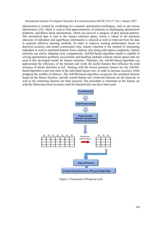 International Journal of Computer Networks & Communications (IJCNC) Vol.17, No.1, January 2025
109
optimization is created by combining two common optimization techniques, such as ant colony
optimization [23], which is used to find approximations of solutions to challenging optimization
problems, and Harris hawk optimization, which can uncover a category of prey pursuit patterns.
The normalized data is sent to the feature selection phase, where a subset of the pertinent
character of redundant and superfluous information is selected as well as removed from the data
to generate effective learning methods. In order to improve training performance based on
detection accuracy and model construction time, feature selection is the method of eliminating
redundant as well as unrelated features from a dataset, also along with replica complexity, feature
selection can aid by skipping some computations. AnChO-based algorithm model is capable of
solving optimization problems successfully and handling multiple solution search spaces that are
used in this developed model for feature selection. Therefore, the AnChO-based algorithm can
approximate the efficiency of the features and verify the useful features that influence the total
accuracy of attack detection in IoT. Starting with the lowest accuracy feature set, the AnChO-
based algorithm is put into each of the individual feature sets, in order to increase accuracy while
dropping the number of features. The AnChO-based algorithm recognizes the unrelated features
based on the fitness function, and the overall feature set's irrelevant features are all removed, as
well as the remaining features are then assessed. The procedure is reiterated on the feature set
with the following-lowest accuracy until all characteristic sets have been used.
Figure 1: Framework of Proposed work
 