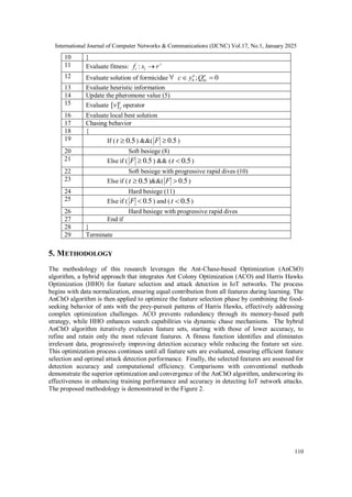 International Journal of Computer Networks & Communications (IJCNC) Vol.17, No.1, January 2025
110
10 }
11 Evaluate fitness: 
 r
s
f l
i :
12 Evaluate solution of formicidae ; 0
a a
b bc
c y Q
 
13 Evaluate heuristic information
14 Update the pheromone value (5)
15 Evaluate i
j
v]
[ operator
16 Evaluate local best solution
17 Chasing behavior
18 {
19 If ( 5
.
0

t ) &&( 5
.
0

F )
20 Soft besiege (8)
21 Else if ( 5
.
0

F ) && ( 5
.
0

t )
22 Soft besiege with progressive rapid dives (10)
23 Else if ( 5
.
0

t )&&( 5
.
0

F )
24 Hard besiege (11)
25 Else if ( 5
.
0

F ) and ( 5
.
0

t )
26 Hard besiege with progressive rapid dives
27 End if
28 }
29 Terminate
5. METHODOLOGY
The methodology of this research leverages the Ant-Chase-based Optimization (AnChO)
algorithm, a hybrid approach that integrates Ant Colony Optimization (ACO) and Harris Hawks
Optimization (HHO) for feature selection and attack detection in IoT networks. The process
begins with data normalization, ensuring equal contribution from all features during learning. The
AnChO algorithm is then applied to optimize the feature selection phase by combining the food-
seeking behavior of ants with the prey-pursuit patterns of Harris Hawks, effectively addressing
complex optimization challenges. ACO prevents redundancy through its memory-based path
strategy, while HHO enhances search capabilities via dynamic chase mechanisms. The hybrid
AnChO algorithm iteratively evaluates feature sets, starting with those of lower accuracy, to
refine and retain only the most relevant features. A fitness function identifies and eliminates
irrelevant data, progressively improving detection accuracy while reducing the feature set size.
This optimization process continues until all feature sets are evaluated, ensuring efficient feature
selection and optimal attack detection performance. Finally, the selected features are assessed for
detection accuracy and computational efficiency. Comparisons with conventional methods
demonstrate the superior optimization and convergence of the AnChO algorithm, underscoring its
effectiveness in enhancing training performance and accuracy in detecting IoT network attacks.
The proposed methodology is demonstrated in the Figure 2.
 