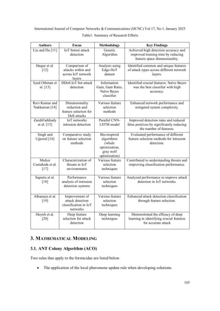 International Journal of Computer Networks & Communications (IJCNC) Vol.17, No.1, January 2025
105
Table1: Summary of Research Efforts
Authors Focus Methodology Key Findings
Liu and Du [11] IoT botnet attack
detection
Genetic
Algorithm
Achieved high detection accuracy and
improved training time by reducing
feature space dimensionality.
Haque et al.
[12]
Comparison of
attacks within and
across IoT network
layers
Analysis using
Edge-IIoT
dataset
Identified common and unique features
of attack types across different network
layers.
Syed Othman et
al. [13]
DDoS IoT bot attack
detection
Information
Gain, Gain Ratio,
Naïve Bayes
classifier
Identified crucial features; Naïve Bayes
was the best classifier with high
accuracy.
Ravi Kumar and
Nakkeeran [14]
Dimensionality
reduction and
feature selection for
DoS attacks
Various feature
selection
methods
Enhanced network performance and
mitigated system complexity.
ZarehFarkhady
et al. [15]
IoT networks
intrusion detection
Parallel CNN-
LSTM model
Improved detection rates and reduced
false positives by significantly reducing
the number of features.
Singh and
Ujjawal [16]
Comparative study
on feature selection
methods
Bio-inspired
algorithms
(whale
optimization,
gray wolf
optimization)
Evaluated performance of different
feature selection methods for intrusion
detection.
Muñoz
Castañeda et al.
[17]
Characterization of
threats in IoT
environments
Various feature
selection
techniques
Contributed to understanding threats and
improving classification performance.
Saputra et al.
[18]
Performance
analysis of intrusion
detection systems
Various feature
selection
techniques
Analyzed performance to improve attack
detection in IoT networks.
Alhanaya et al.
[19]
Improvement of
attack detection
classification in IoT
networks
Various feature
selection
techniques
Enhanced attack detection classification
through feature selection.
Huynh et al.
[20]
Deep feature
selection for attack
detection
Deep learning
techniques
Demonstrated the efficacy of deep
learning in identifying crucial features
for accurate attack
3. MATHEMATICAL MODELING
3.1. ANT Colony Algorithm (ACO)
Two rules that apply to the formicidae are listed below.
 The application of the local pheromone update rule when developing solutions.
 