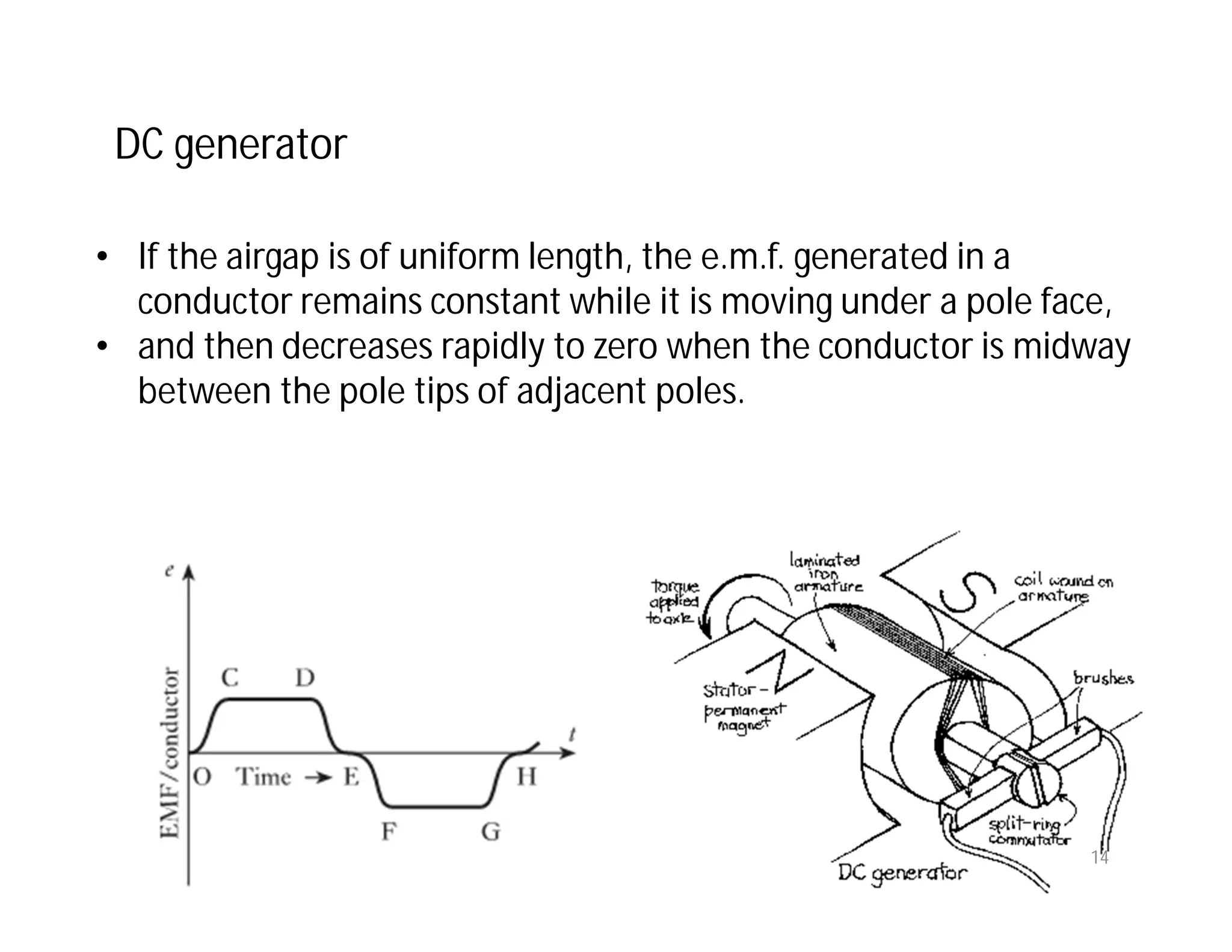 • If the airgap is of uniform length, the e.m.f. generated in a
conductor remains constant while it is moving under a pole face,
• and then decreases rapidly to zero when the conductor is midway
between the pole tips of adjacent poles.
DC generator
14
 