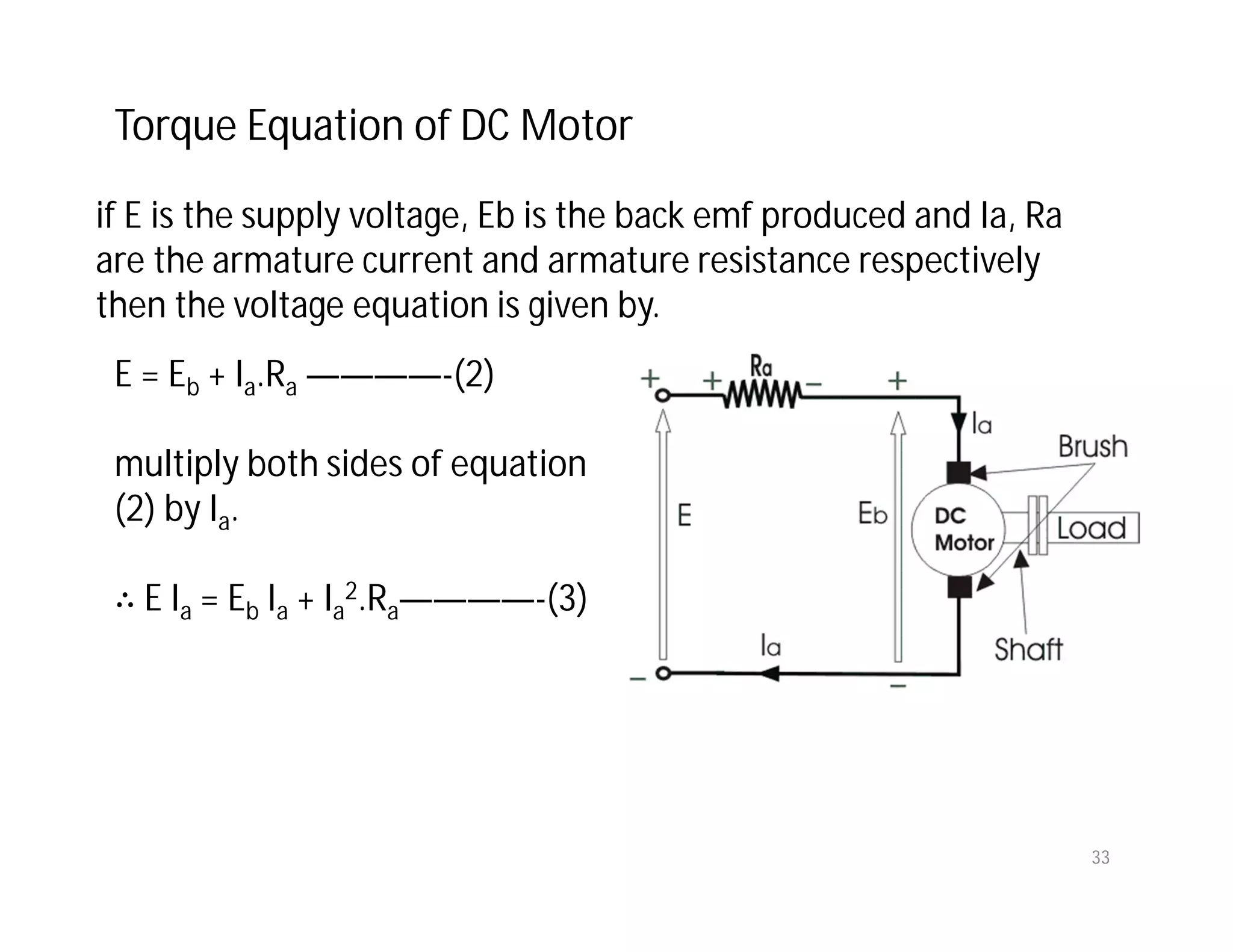 if E is the supply voltage, Eb is the back emf produced and Ia, Ra
are the armature current and armature resistance respectively
then the voltage equation is given by.
E = Eb + Ia.Ra ————-(2)
multiply both sides of equation
(2) by Ia.
∴ E Ia = Eb Ia + Ia
2.Ra————-(3)
Torque Equation of DC Motor
33
 