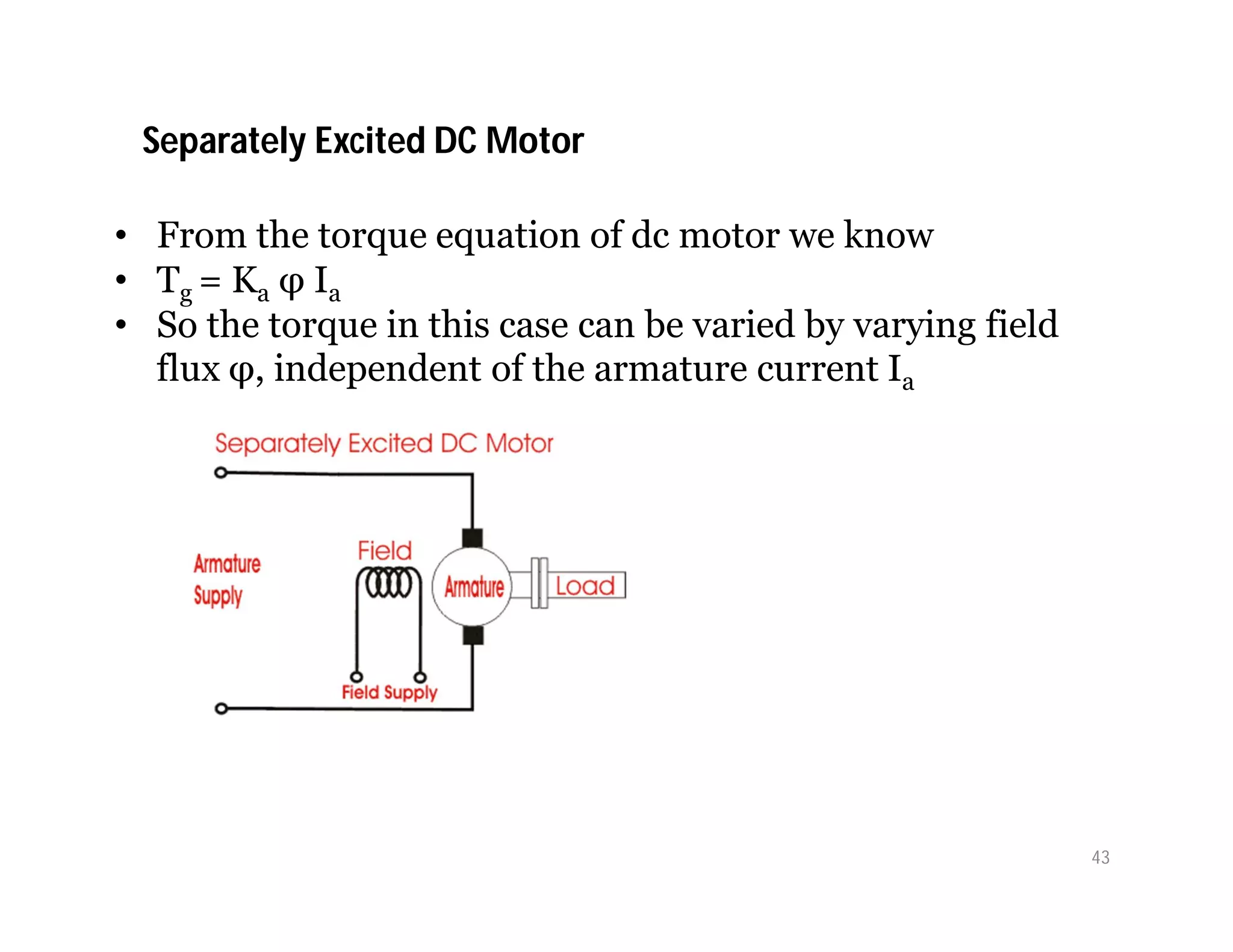 Separately Excited DC Motor
• From the torque equation of dc motor we know
• Tg = Ka φ Ia
• So the torque in this case can be varied by varying field
flux φ, independent of the armature current Ia
43
 