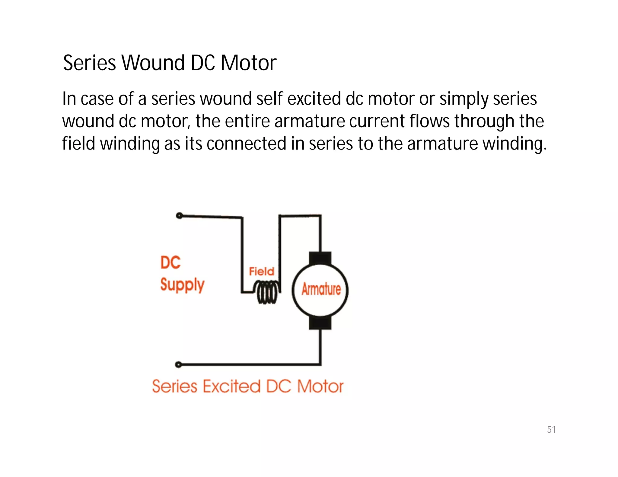51
In case of a series wound self excited dc motor or simply series
wound dc motor, the entire armature current flows through the
field winding as its connected in series to the armature winding.
Series Wound DC Motor
 