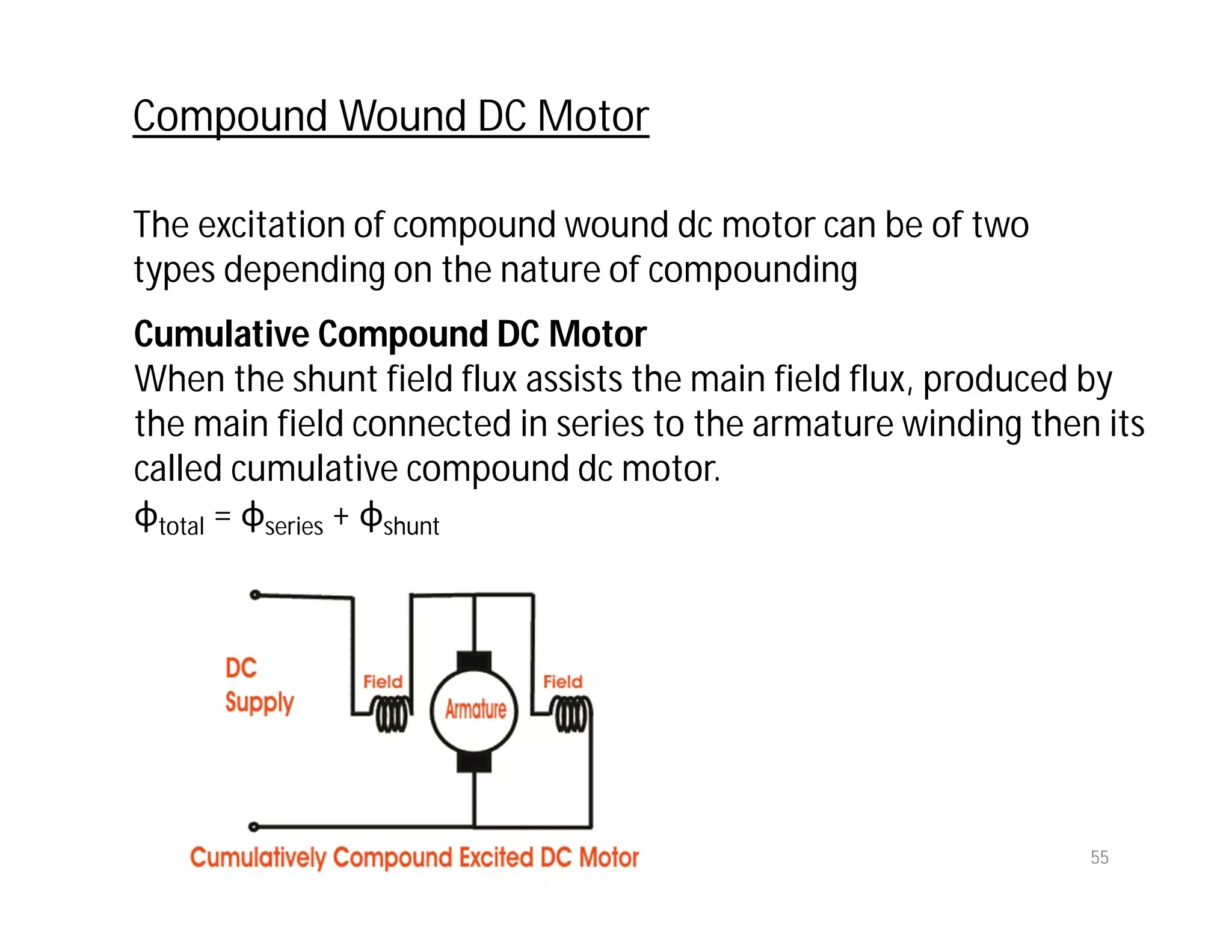 55
The excitation of compound wound dc motor can be of two
types depending on the nature of compounding
Cumulative Compound DC Motor
When the shunt field flux assists the main field flux, produced by
the main field connected in series to the armature winding then its
called cumulative compound dc motor.
φtotal = φseries + φshunt
Compound Wound DC Motor
 