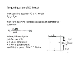 Now equating equation (4) & (5) we get
Eb.Ia = Tg.ω
Now for simplifying the torque equation of dc motor we
substitute
Where, P is no of poles
φ is flux per pole
Z is No. of conductors
A is No. of parallel paths
and N is the speed of the D.C. Motor.
Torque Equation of DC Motor
35
 
