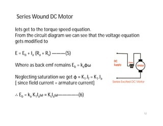 52
lets get to the torque speed equation.
From the circuit diagram we can see that the voltage equation
gets modified to
E = Eb + Ia (Ra + Rs) ———(5)
Where as back emf remains Eb = kaφω
Neglecting saturation we get φ = K1.If = K1.Ia
[ since field current = armature current]
∴ Eb = ka K1Iaω = KsIaω————–(6)
Series Wound DC Motor
 