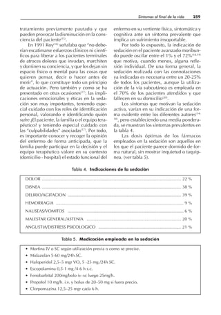 tratamiento previamente pautado y que
pueden provocar la disminución en la cons-
ciencia del paciente(15)
.
En 1991 Roy(16)
señalaba que “no debe-
rían escatimarse esfuerzos clínicos ni cientí-
ficos para liberar a los pacientes terminales
de atroces dolores que invadan, marchiten
y dominen su conciencia, y que los dejan sin
espacio físico o mental para las cosas que
quieren pensar, decir o hacer antes de
morir”, lo que constituye todo un principio
de actuación. Pero también y como se ha
presentado en otras ocasiones(17)
, las impli-
caciones emocionales y éticas en la seda-
ción son muy importantes, teniendo espe-
cial cuidado con los roles de identificación
personal, valorando e identificando quién
sufre ¿El paciente, la familia o el equipo tera-
péutico? y teniendo especial cuidado con
las “culpabilidades” asociadas(17)
. Por todo,
es importante conocer y recoger la opinión
del enfermo de forma anticipada, que la
familia puede participar en la decisión y el
equipo terapéutico valore en su contexto
(domicilio - hospital) el estado funcional del
enfermo en su vertiente física, sintomática y
cognitiva ante un síntoma prevalente que
implica un sufrimiento insoportable.
Por todo lo expuesto, la indicación de
sedación en el paciente avanzado moribun-
do puede oscilar entre el 1% y el 72%(18,19)
que motiva, cuando menos, alguna refle-
xión individual. De una forma general, la
sedación realizada con las connotaciones
ya indicadas es necesaria entre un 20-25%
de todos los pacientes, aunque la utiliza-
ción de la vía subcutánea es empleada en
el 70% de los pacientes atendidos y que
fallecen en su domicilio(20)
.
Los síntomas que motivan la sedación
activa, varían en su indicación de una for-
ma evidente entre los diferentes autores(14-
18)
, pero estableciendo una media pondera-
da, se muestran los síntomas prevalentes en
la tabla 4.
Las dosis óptimas de los fármacos
empleados en la sedación son aquellos en
los que el paciente parece dormido de for-
ma natural, sin mostrar inquietud o taquip-
nea. (ver tabla 5).
Síntomas al final de la vida 259
DOLOR ...................................................................................................................... 22 %
DISNEA ...................................................................................................................... 38 %
DELIRIO/AGITACION ................................................................................................ 39 %
HEMORRAGIA ............................................................................................................ 9 %
NAUSEAS/VOMITOS .................................................................................................. 6 %
MALESTAR GENERAL/ASTENIA ................................................................................ 20 %
ANGUSTIA/DISTRESS PSICOLOGICO ...................................................................... 21 %
Tabla 4. Indicaciones de la sedación
• Morfina IV o SC según utilización previa o como se precise.
• Midazolan 5-60 mg/24h SC.
• Haloperidol 2,5–5 mgr VO, 5 -25 mg /24h SC.
• Escopolamina 0,5-1 mg /4-6 h s.c.
• Fenobarbital 200mg/bolo iv–sc luego 25mg/h.
• Propofol 10 mg/h. i.v. y bolus de 20–50 mg si fuera precio.
• Clorpomazina 12,5–25 mgr cada 6 h.
Tabla 5. Medicación empleada en la sedación
 