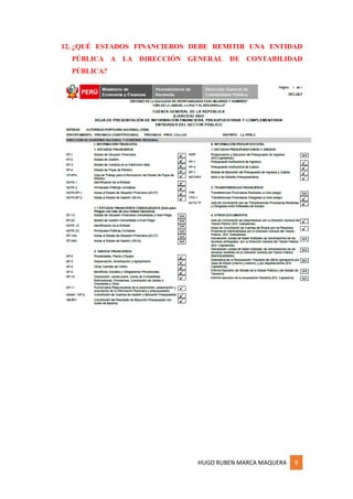 HUGO RUBEN MARCA MAQUERA 9
12. ¿QUÉ ESTADOS FINANCIEROS DEBE REMITIR UNA ENTIDAD
PÚBLICA A LA DIRECCIÓN GENERAL DE CONTABILIDAD
PÚBLICA?
 