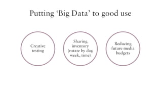 Putting ‘Big Data’ to good use

Creative
testing

Sharing
inventory
(rotate by day,
week, time)

Reducing
future media
budgets

 