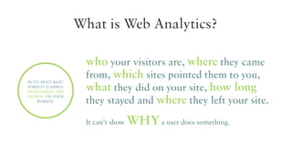What is Web Analytics?

In its most basic
form it is simply
monitoring the
traffic on your
website.

who your visitors are, where they came
from, which sites pointed them to you,
what they did on your site, how long
they stayed and where they left your site.
It can’t show

WHY a user does something.

 
