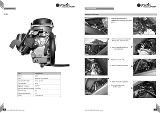 CARBURADOR CARBURADOR
Ítem Especificación
Marca UCAL
Tipo BS33 con TPS continuo
Velocidad del ralentí 1400+ 50 rpm
Chicler de alta 107.5
Aguja de campana U-4E0K1
Marca de aguja de campana 0-2M (971)
Chicler de baja 12.5
Válvula de aceleración 125
Choke Choke Manual
UCAL Retiro del Carburador
• Afloje las abrazaderas de la
manguera del carburador (llave allen
4 mm)
• Retire los 2 pernos de montaje del
filtro de aire . (llave T 10mm).
• Retire el cable del tornillo de
ralentí (mínimo).
• Retire la conexión TPS.
• Retire el cable de acelerador.
• Retire el tubo de respiración.
• Retire el tubo de drenaje
del filtro de aire
29 NOTAS DE INSTRUCCIÓN PULSAR 200 NS NOTAS DE INSTRUCCIÓN PULSAR 200 NS 30
 