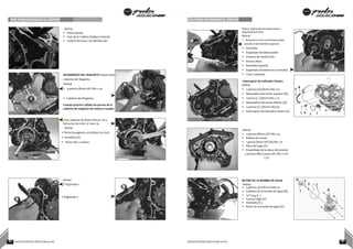 POE PARA DESARMAR EL MOTOR POE PARA DESARMAR EL MOTOR
Retirar
• Perno pivote
• Guía de la Cadena (holgura lateral)
• Cadena de levas / de distribución
DESARMADO DEL MAGNETO Desarmado –
Cubierta del Magneto
Retirar
• 9 pernos (8mm A/F) M6 x 30
• Cubierta del Magneto
Consejo práctico: aflojar los pernos de la
cubierta del magneto de manera cruzada.
Usar Soporte de Rotor H60721 00 y
Extractor de rotor 37 0041 55
Retirar
• Perno hexagonal con bridas (14 mm)
• Arandela (A).
• Rotor (B) y su llave.
Retirar engranaje de balanceador y
engranaje primario
Retirar
• Bloquear la tuerca del balanceador
usando la herramienta especial.
• Arandela.
• Engranaje de balanceador
• Chaveta de media luna.
• Pernos Allen.
• Arandela especial.
• Engranaje de balanceo accionado.
• Llave cuadrada.
Interruptor de Indicador Neutro
Retirar
• 2 pernos (A) (8mm) M5 x10
• Abrazadera del arnés superior (B).
• 1 perno (C ) (8mm) M5 x 10
• Abrazadera del arnés inferior (D).
• 2 pernos (E ) (8mm) M5x16
• Interruptor de indicador neutro (F).
Retirar
• 2 pernos (8mm A/F) M5 x13.
• Bobina de recojo
• 1 perno (8mm A/F) (B) M5 x 6
• Placa de tope (D)
• Ensamblaje de la placa del estator
3 pernos Allen (4mm A/F) M5 x 0.8
x 35
A B
C D E F
Retirar
• Engranaje 1.
• Engranaje 2.
RETIRO DE LA BOMBA DE AGUA E
Retirar D C
• 5 pernos (A) (8mm) M6x20
• Cubierta de la bomba de agua (B). F B
• “O”ring (C ) A
• Tuerca ciega (D)
• Arandela (E ).
• Rotor de la bomba de agua (F).
45 NOTAS DE INSTRUCCIÓN PULSAR 200 NS NOTAS DE INSTRUCCIÓN PULSAR 200 NS 46
 