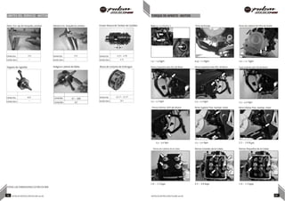 LÍMITES DEL SERVICIO - MOTOR TORQUE DE APRIETE - MOTOR
Límite Est. 12.0
Límite Serv. —
Límite Est. 12.0
Límite Serv. —
Límite Est. 0.02
Límite Serv. —
1.3 ~ 1.5 kgm 0.9 ~ 1.1 Kgm 1.0 ~ 1.2 Kgm
Degaste de Cigüeñal Holgura Lateral de Biela Altura de Conjunto de Embrague Pernos Superiores lado IZQ. del Motor Pernos Superiores lado DER. del Motor Tuerca Inferior lado IZQ del Motor
Límite Est. 4.55 ~ 4.70
Límite Serv. 4.75
Límite Est. 22.17 ~ 21.57
Límite Serv. 20.3
Diam. Ext. eje de horquilla cambios Diámetro Int. Horquilla de cambios Grosor Ranura de Tambor de Cambios Bujía (3 u n i d a d e s )
Central
Izq.
2.5 ~ 2.7 Kgm
Der.
Perno de Drenaje
2.5 ~ 2.7 Kgm
Perno de Cubierta de Filtro de Aceite
2.5 ~ 3.0 Kgm
Perno Inferior DER del Motor
2.5 ~ 3.0 Kgm
Perno Superior Post. montaje motor
2.5 ~ 3.0 Kgm
Perno inferior Post. montaje motor
2.5 ~ 3.0 Kgm
Pernos de Cubierta de la Culata Pernos Grandes de la Culata Pernos Pequeños de la Culata
TODAS LAS DIMENSIONES ESTÁN EN MM
1.0 ~ 1.2 Kgm 4.5 ~ 4.8 Kgm 1.0 ~ 1.2 kgm
55 NOTAS DE INSTRUCCIÓN PULSAR 200 NS NOTAS DE INSTRUCCIÓN PULSAR 200 NS 56
 