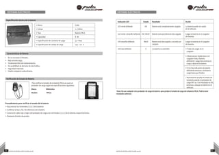 SISTEMAS ELÉCTRICOS SISTEMAS ELÉCTRICOS
Indicación LED Estado Resultado Acción
LED verde brillando OK Batería está completamente cargada La batería puede ser usada
en el vehículo.
Led verde y amarillo brillando OK / BAJO Batería está parcialmente descargada Cargar la batería en el cargador
de baterías
LED amarillo brillando BAJO Batería está descargada y necesita ser
cargada
Cargar la batería en el cargador
de baterías
LED rojo brillando X La batería no está bien • Tratar de cargar en el
cargador .
• Observar por media hora si el
cargador indica ‘batería
deficiente’, luego descontinúe la
carga y deseche la batería
• Si no hay indicación de batería
deficiente entonces continúe la
carga hasta que finalice
• Nuevamente pruebe el estado de
la batería usando el probador de
carga PBT 50. Si el resultado es OK,
entonces coloque la batería en el
vehículo.
Especificación técnica de la batería
Características de Batería
• No es necesario el llenado.
• Baja autodescarga.
• Totalmente libre de mantenimiento.
• Sin posibilidad de derrame de electrolitos.
• Seguridad mejorada
• Diseño compacto y alta eficacia..
Verificación de Estado de Batería
Para verificar el estado de la batería VRLA, se usará un
probador de carga según las especificaciones siguientes:
Marca Midtronics
Modelo PBT50
Nota: No use cualquier otro probador de carga de batería para probar el estado de carga de la batería VRLA. Podría tener
resultados adversos.
Procedimiento para verificar el estado de la batería
• Desconectar los terminales (+) y (-) de la batería.
• Confirmar el tipo y No. De referencia de la batería
• Conectar el cable rojo y negro del probador de carga a los terminales (+) y (-) de la batería, respectivamente.
• Presionar el botón de prueba.
81 NOTAS DE INSTRUCCIÓN PULSAR 200 NS NOTAS DE INSTRUCCIÓN PULSAR 200 NS 82
• Marca Exide
• Voltaje 12 Voltios
• Tipo Batería VRLA
• Capacidad 8 Ah
• Especificación de corriente de carga 4.0 Amp
• Especificación de voltaje de carga 14.5 + 0.1 V
 