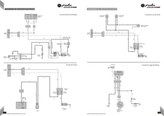 DIAGRAMAS DE CIRCUITOS ELÉCTRICOS DIAGRAMAS DE CIRCUITOS ELÉCTRICOS
Gr/R
R/W
Br/L
Gr/R
Br
L
Br
L
N
O
R/W
Br/L
ENSA.CABLEROJO
W/BW
N
O
L/W
Lg
Br
Br/L
Br
W/BW
Lg
B
Br/L
W
W
B/Y
L/W
L/W
B
B
Br
W
L/W
W/B
B/Y
L/W
L/W
B/Y
B/Y
B
W
INT. ENCENDI. MOTOR OFF
ON INTERRUPTOR
GENERAL
Circuito de Motor de Arranque
INTERR. FRENO
DELANTERO
INTERR. FRENO
POSTERIOR
Circuito de Luz de Freno
L
B/Y
ENSAMB.FAROTRASERO
(LED de frenado)
O
F
F
Br
INTERR.
ENCEND
W
Br/L
W
R/W
ENSAMB. CABLE RELAY
R A MOTOR ARRANQUE
O
F
F
Br
INTERR.
ENCEND
W
Br/L
W
Y/G FUSIBLE 1
(20 Amps.)
MOTOR
ARRANQUE
FUSIBLE 2
(15 Amps.)
ENSAMB. CAJA
FUSIBLE 1
(20 Amps.)
INTERR.
EMBRAGUE
B/Y
Lg
TRANSIL
Lg
B/Y
INTERR.
NEUTRAL R/W
Y/G
RELAY ARRANQUE
BATERÍAVRLA
12V-8Ah
R
ENS.
CABLE A
TIERRA
Br
BATERÍAVRLA
12V-8Ah
Y/G DIODO Y/G
O Circuito de ClaxonO F
N F
CAPACITOR
B Circuito de Carga de Batería
Br
INTERR.
ENCEND
W
Br/L
W
REGULADOR
DE CORRIENTE.
Br
B
ENS. CAJA
GEMELA
FUSIBLE 2
(15 Amps.)
W
FUSIBLE 1
(20 Amps.)
Br FUSIBLE
(20 Amps.)
W/B
B
INTERR.
CLAXON
CLAXON
BATERÍAVRLA
12V-8Ah
TIERRA AL
CUADRO
ENSAMB.
MAGNETO.
(BOBINA CARGA
BATERÍA)
BATERÍAVRLA
12V-8Ah
107 NOTAS DE INSTRUCCIÓN PULSAR 200 NS NOTAS DE INSTRUCCIÓN PULSAR 200 NS 108
 