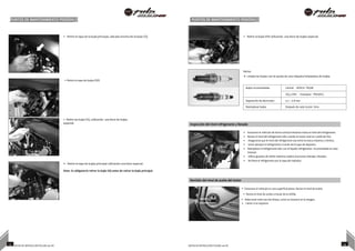 PUNTOS DE MANTENIMIENTO PERIÓDICO PUNTOS DE MANTENIMIENTO PERIÓDICO
• Retire la tapa de la bujía principal, ubicada encima de la bujía IZQ
• Retire la tapa de bujías DER.
• Retire la bujía DER utilizando una llave de bujías especial.
Retirar:
• Limpie las bujías con la ayuda de una máquina limpiadora de bujías
Bujías recomendadas Central - BOSCH YR5NE
IZQ y DER - Champion PRG6HCC
Separación de electrodos 0.7 ~ 0.8 mm
Reemplazar bujías Después de cada 10,000 Kms.
• Retire las bujía IZQ. utilizando una llave de bujías
especial. Inspección del nivel refrigerante y llenado
• Retire la tapa de bujías principal utilizando una llave especial.
Nota: Es obligatorio retirar la bujía IZQ antes de retirar la bujía principal.
Max.
Min.
• Estacione el vehículo de forma vertical mientras revisa el nivel del refrigerante.
• Revise el nivel del refrigerante sólo cuando el motor esté en condición fría.
• Asegurarse que el nivel del refrigerante sea entre la marca máxima y mínima.
• Llene siempre el refrigerante a través de la tapa de depósito.
• Reemplace el refrigerante sólo con el líquido refrigerante recomendado en este
manual.
• Utilice guantes de nitrilo mientras realiza el proceso drenaje y llenado.
• No llene el refrigerante por la tapa del radiador.
Revisión del nivel de aceite del motor
• Estacione el vehículo en una superficie plana. Revise el nivel de aceite
• Revise el nivel de aceite a través de la mirilla.
• Debe estar entre las dos líneas, como se muestra en la imagen.
• Llenar si se requiere.
13 NOTAS DE INSTRUCCIÓN PULSAR 200 NS NOTAS DE INSTRUCCIÓN PULSAR 200 NS 14
 