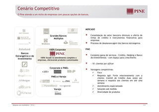 Cenário Competitivo 
O Pine atende a um nicho de empresas com poucas opções de bancos. 
MERCADO 
Consolidação do setor bancário diminuiu a oferta de 
linhas de crédito e instrumentos financeiros para 
empresas 
Processo de desalavancagem dos bancos estrangeiros 
PINE 
Completa gama de serviços – Crédito, Hedging e Banco 
Grandes Bancos 
Múltiplos 
100% Corporate 
Bancos 
Estrangeiros e de 
de Investimentos – com espaço para crescimento 
~ 10 clientes por officer 
Vantagens competitivas: 
 Foco 
 Resposta ágil: Forte relacionamento com o 
cliente; Comitê de Crédito duas vezes por 
semana e resposta aos clientes em até uma 
semana 
 Atendimento especializado 
 Soluções sob medida 
 Diversidade de produtos 
100% focado no atendimento completo a 
empresas, oferecendo produtos customizados 
Corporate e PMEs 
PMEs e Varejo 
Varejo 
Investimento 
Relações com Investidores | 2T14 | 7/31 
 