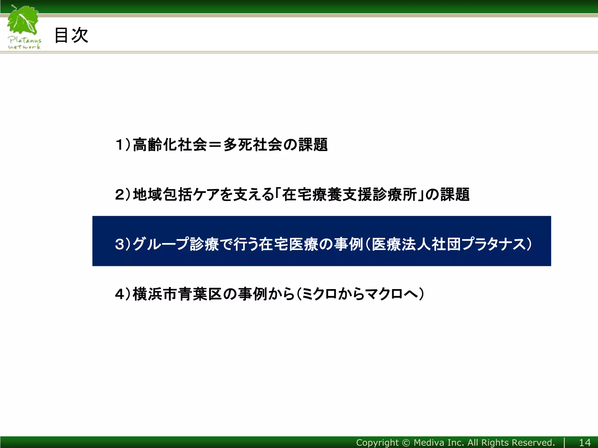 Copyright © Mediva Inc. All Rights Reserved. │ 14
目次
１）高齢化社会＝多死社会の課題
２）地域包括ケアを支える「在宅療養支援診療所」の課題
３）グループ診療で行う在宅医療の事例（医療法人社団プラタナス）
４）横浜市青葉区の事例から（ミクロからマクロへ）
 