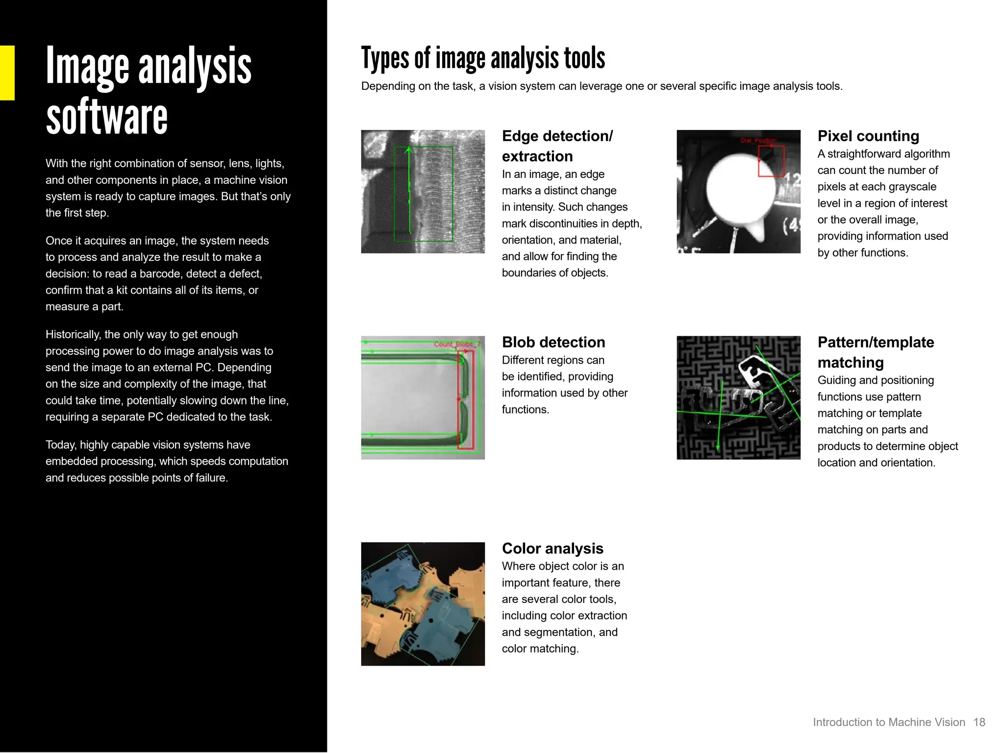 Image analysis
software
With the right combination of sensor, lens, lights,
and other components in place, a machine vision
system is ready to capture images. But that’s only
the first step.
Once it acquires an image, the system needs
to process and analyze the result to make a
decision: to read a barcode, detect a defect,
confirm that a kit contains all of its items, or
measure a part.
Historically, the only way to get enough
processing power to do image analysis was to
send the image to an external PC. Depending
on the size and complexity of the image, that
could take time, potentially slowing down the line,
requiring a separate PC dedicated to the task.
Today, highly capable vision systems have
embedded processing, which speeds computation
and reduces possible points of failure.
Types of image analysis tools
Depending on the task, a vision system can leverage one or several specific image analysis tools.
Edge detection/
extraction
In an image, an edge
marks a distinct change
in intensity. Such changes
mark discontinuities in depth,
orientation, and material,
and allow for finding the
boundaries of objects.
Pixel counting
A straightforward algorithm
can count the number of
pixels at each grayscale
level in a region of interest
or the overall image,
providing information used
by other functions.
Blob detection
Different regions can
be identified, providing
information used by other
functions.
Pattern/template
matching
Guiding and positioning
functions use pattern
matching or template
matching on parts and
products to determine object
location and orientation.
Color analysis
Where object color is an
important feature, there
are several color tools,
including color extraction
and segmentation, and
color matching.
18
Introduction to Machine Vision
 