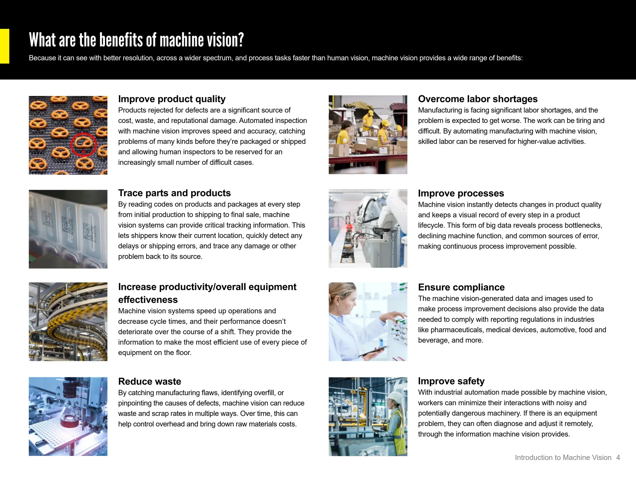 What are the benefits of machine vision?
Because it can see with better resolution, across a wider spectrum, and process tasks faster than human vision, machine vision provides a wide range of benefits:
Improve product quality
Products rejected for defects are a significant source of
cost, waste, and reputational damage. Automated inspection
with machine vision improves speed and accuracy, catching
problems of many kinds before they’re packaged or shipped
and allowing human inspectors to be reserved for an
increasingly small number of difficult cases.
Trace parts and products
By reading codes on products and packages at every step
from initial production to shipping to final sale, machine
vision systems can provide critical tracking information. This
lets shippers know their current location, quickly detect any
delays or shipping errors, and trace any damage or other
problem back to its source.
Increase productivity/overall equipment
effectiveness
Machine vision systems speed up operations and
decrease cycle times, and their performance doesn’t
deteriorate over the course of a shift. They provide the
information to make the most efficient use of every piece of
equipment on the floor.
Reduce waste
By catching manufacturing flaws, identifying overfill, or
pinpointing the causes of defects, machine vision can reduce
waste and scrap rates in multiple ways. Over time, this can
help control overhead and bring down raw materials costs.
Overcome labor shortages
Manufacturing is facing significant labor shortages, and the
problem is expected to get worse. The work can be tiring and
difficult. By automating manufacturing with machine vision,
skilled labor can be reserved for higher-value activities.
Improve processes
Machine vision instantly detects changes in product quality
and keeps a visual record of every step in a product
lifecycle. This form of big data reveals process bottlenecks,
declining machine function, and common sources of error,
making continuous process improvement possible.
Ensure compliance
The machine vision-generated data and images used to
make process improvement decisions also provide the data
needed to comply with reporting regulations in industries
like pharmaceuticals, medical devices, automotive, food and
beverage, and more.
Improve safety
With industrial automation made possible by machine vision,
workers can minimize their interactions with noisy and
potentially dangerous machinery. If there is an equipment
problem, they can often diagnose and adjust it remotely,
through the information machine vision provides.
4
Introduction to Machine Vision
 